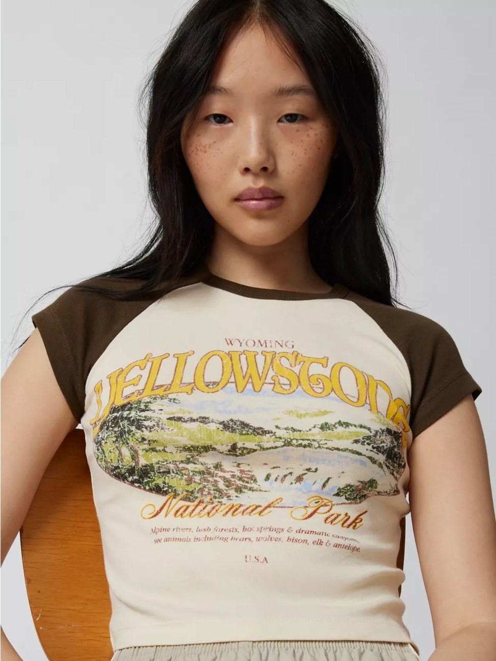 Urban Outfitters Cream & Brown Yellowstone National Park  Raglan Crop Tee-XS